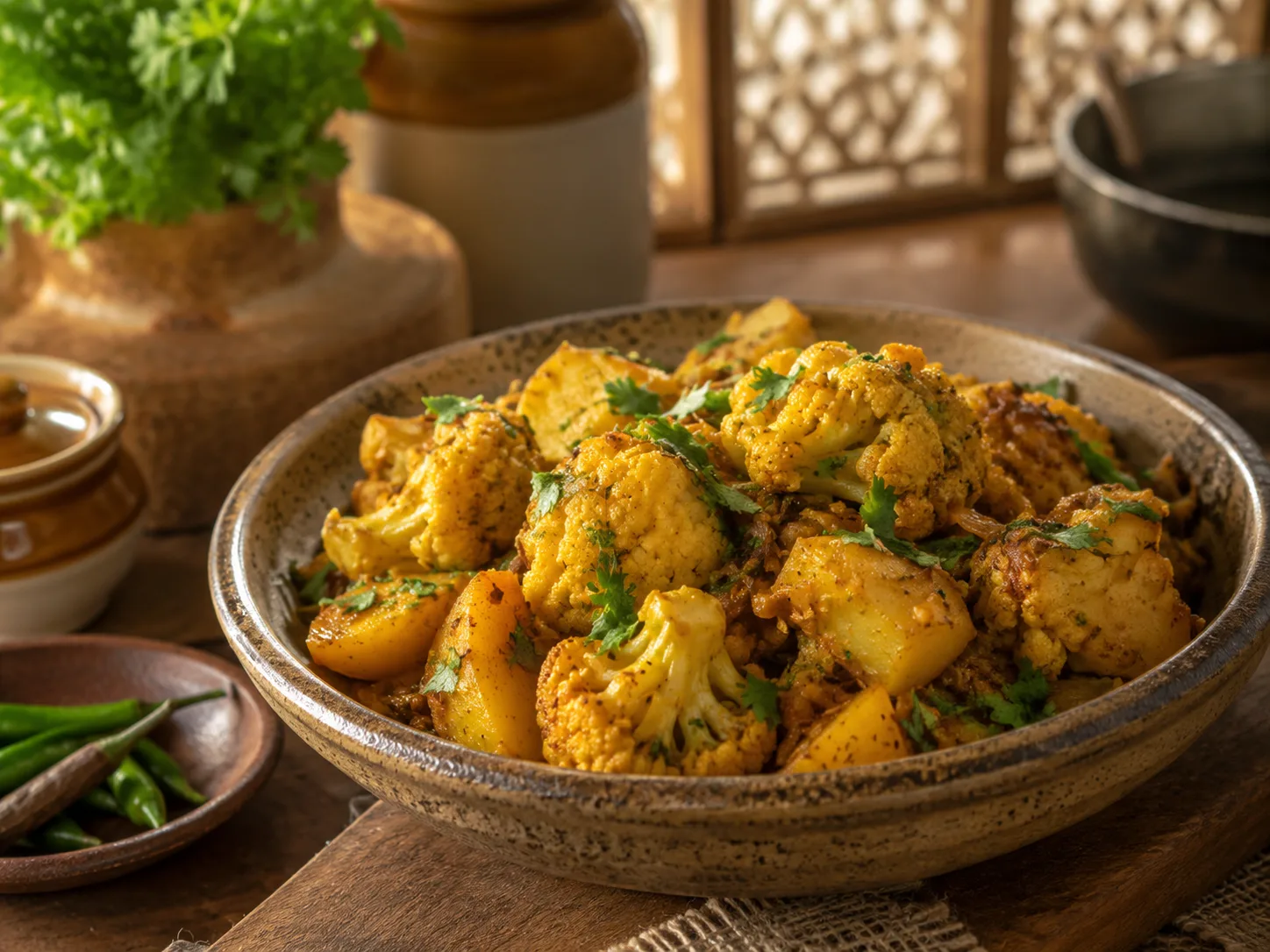 Aloo gobi with potato, cauliflower and warm spices