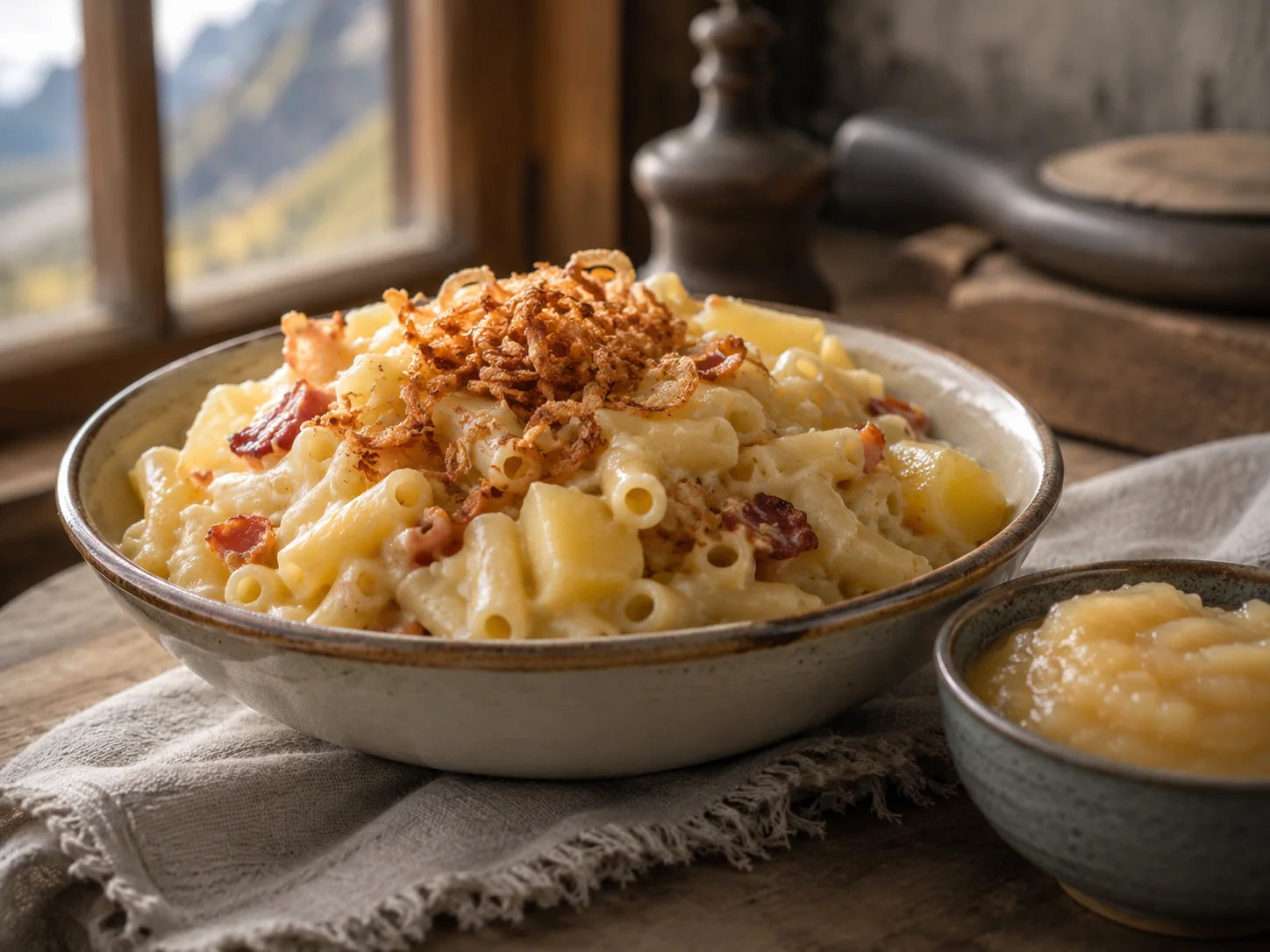 Pasta alpina suiza con patata, queso y cebolla dorada