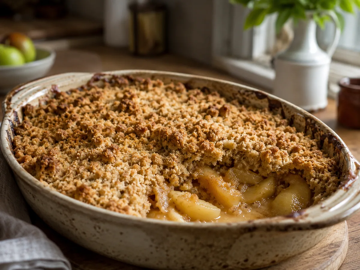 Apple crumble with a golden crumb topping in a baking dish