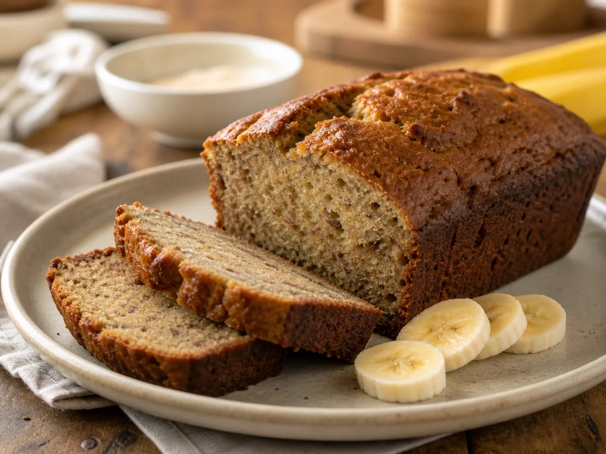 Slices of banana bread with a soft golden crumb on a plate