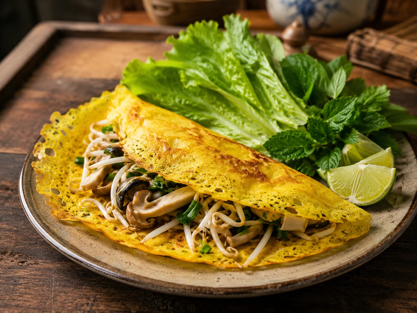 Banh xeo crispy turmeric crepe with vegetable filling