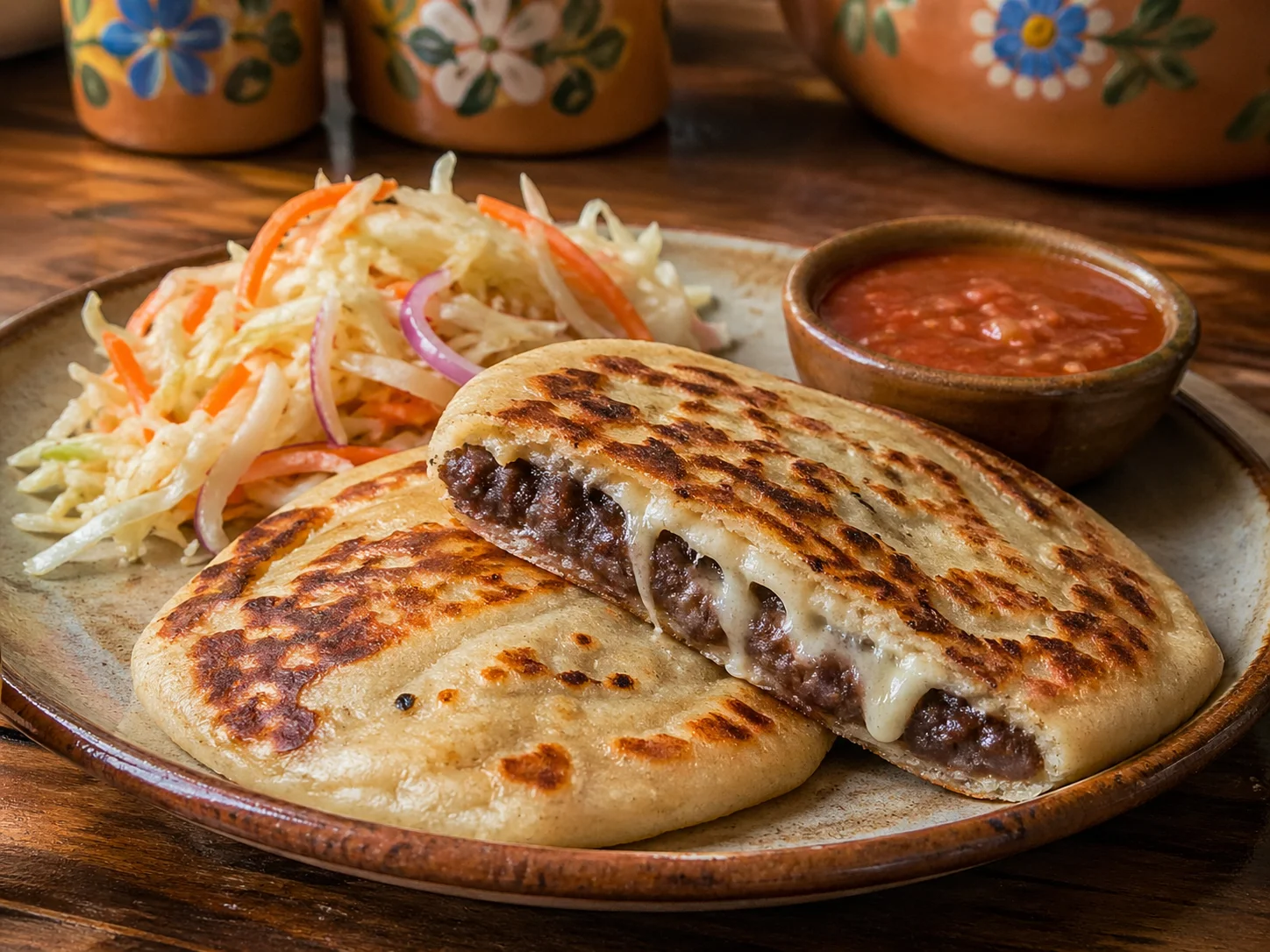 Bean and cheese pupusas with curtido and red sauce