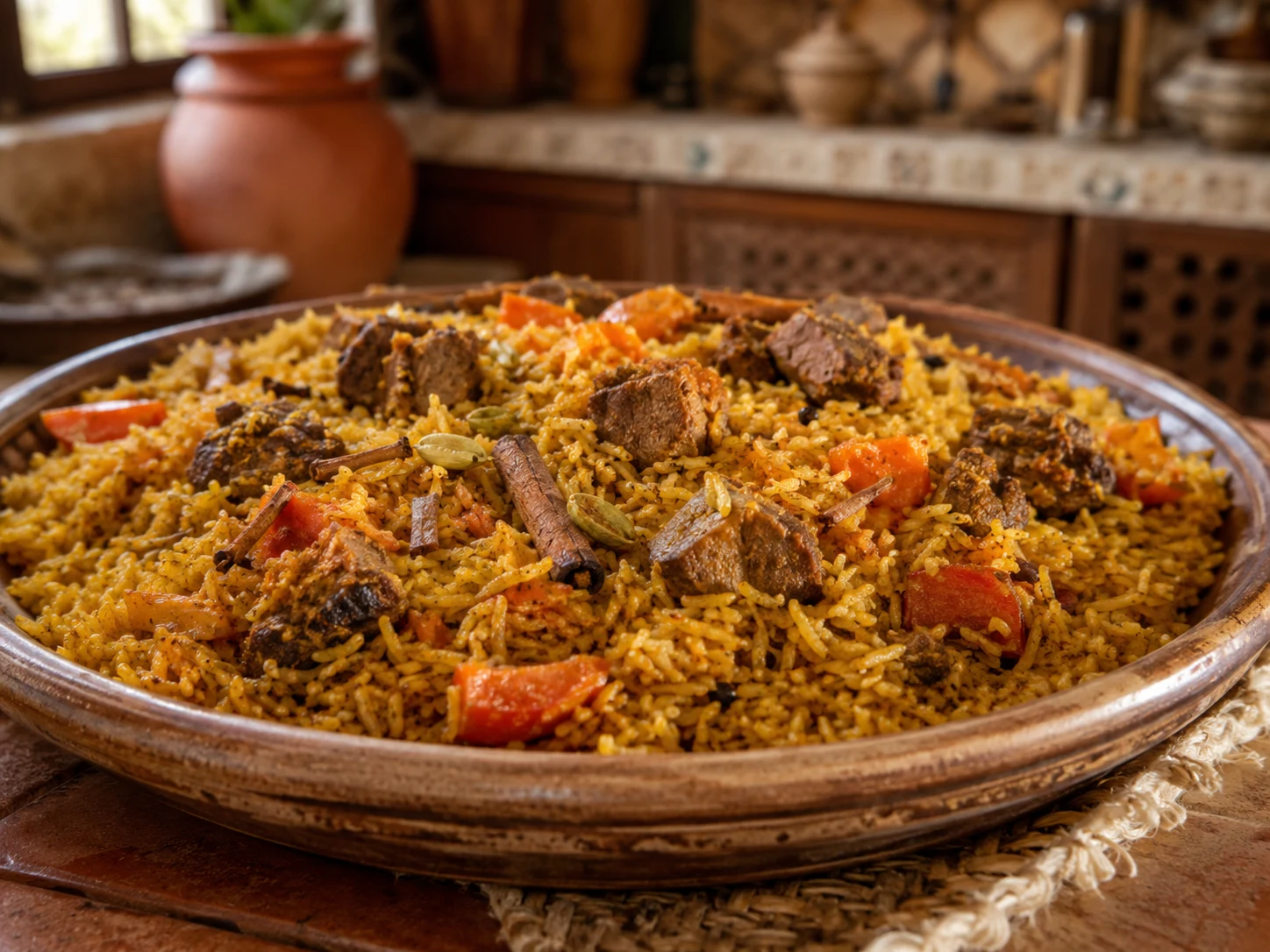 Beef kabsa with spiced rice, tomato and carrots