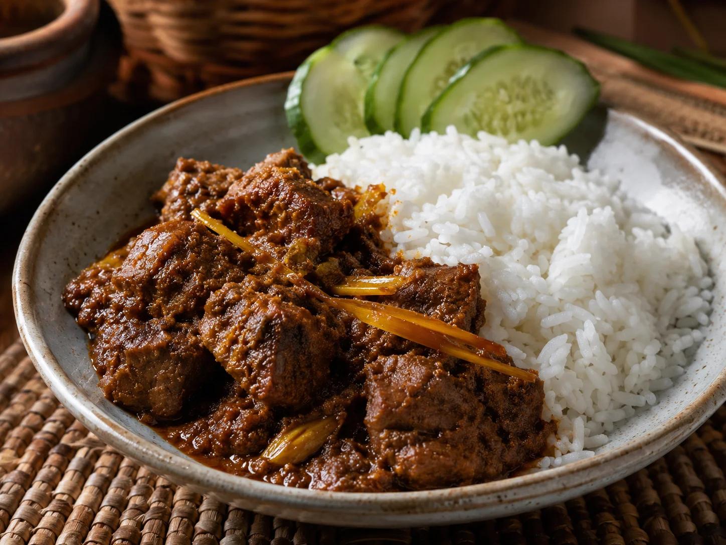 Beef rendang with thick coconut spice sauce and rice