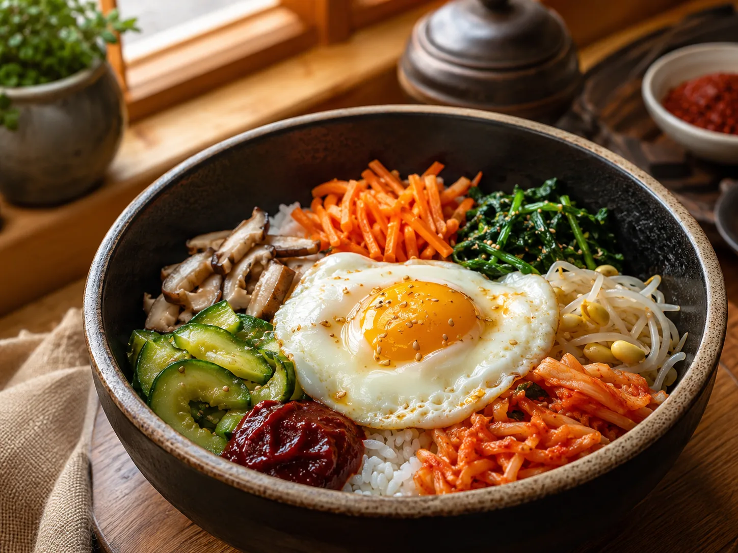 Bibimbap bowl with rice, vegetables, egg and chili sauce