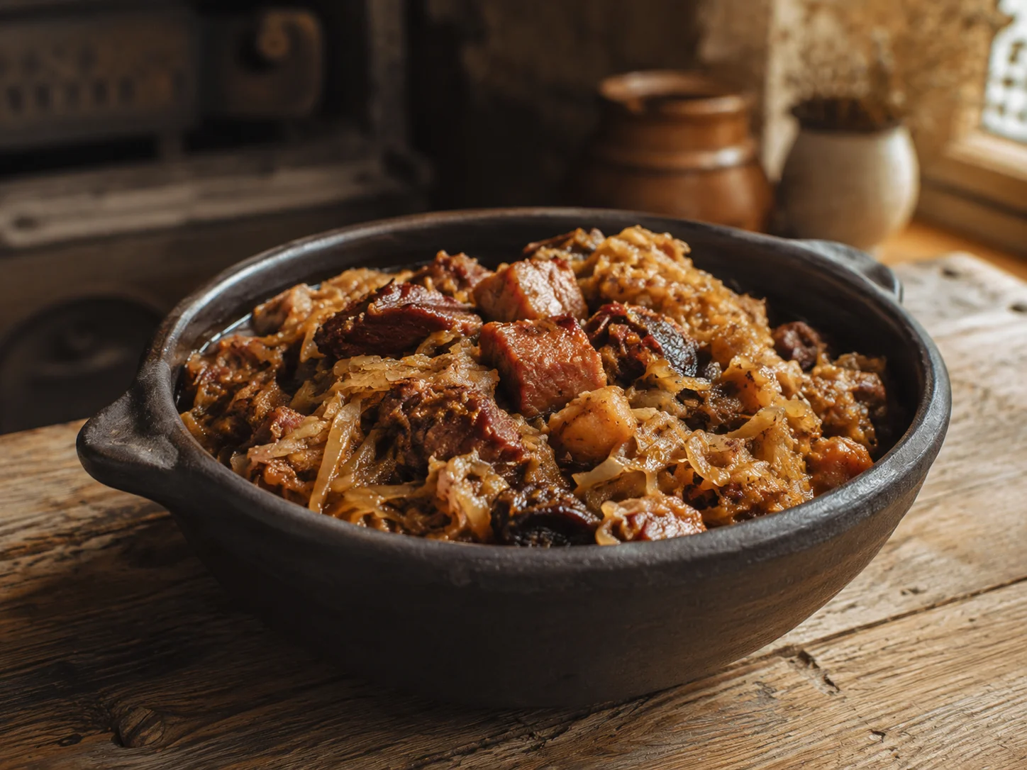 Bigos polaco de col y cerdo en un cuenco