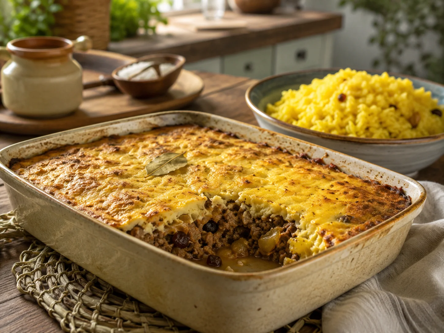 South African bobotie with golden egg topping and rice