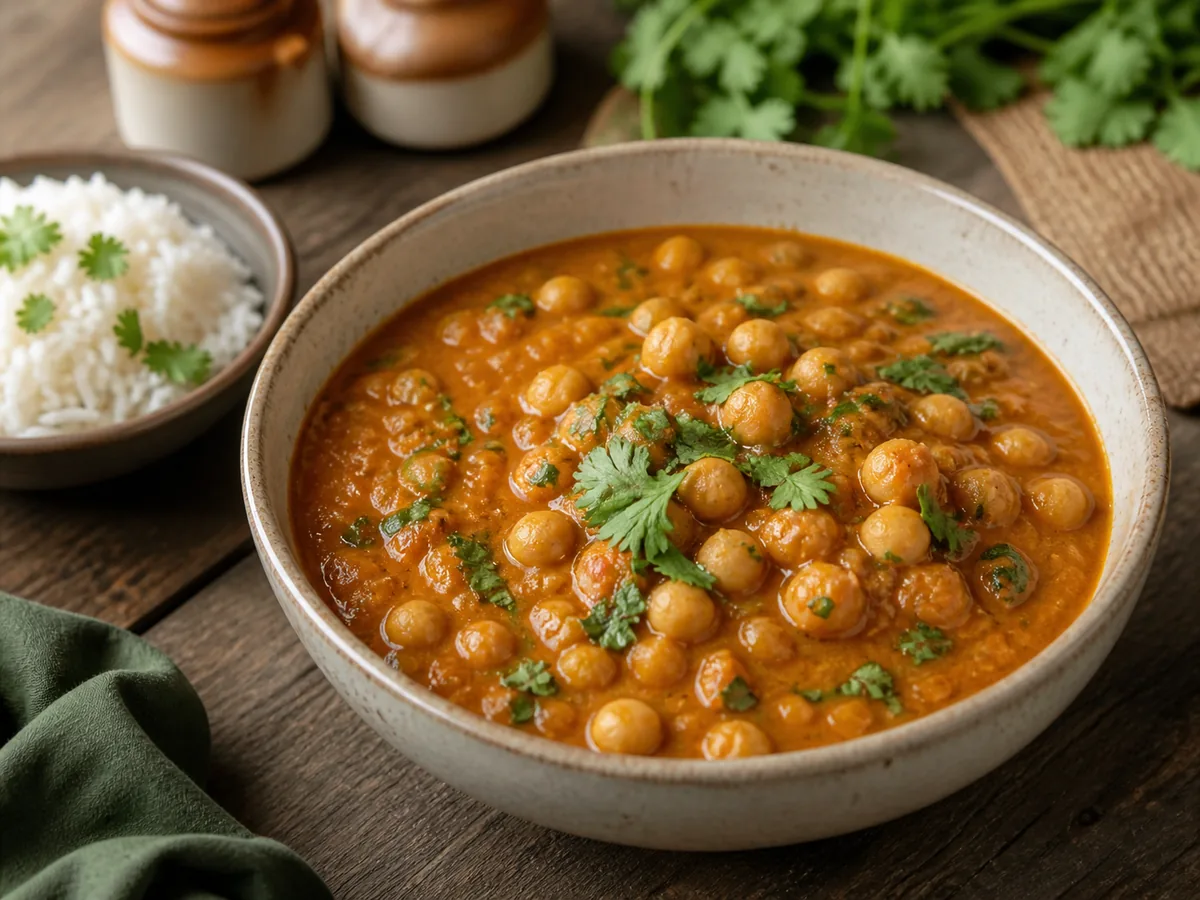 Bol de curry de garbanzos con salsa de tomate y hierbas