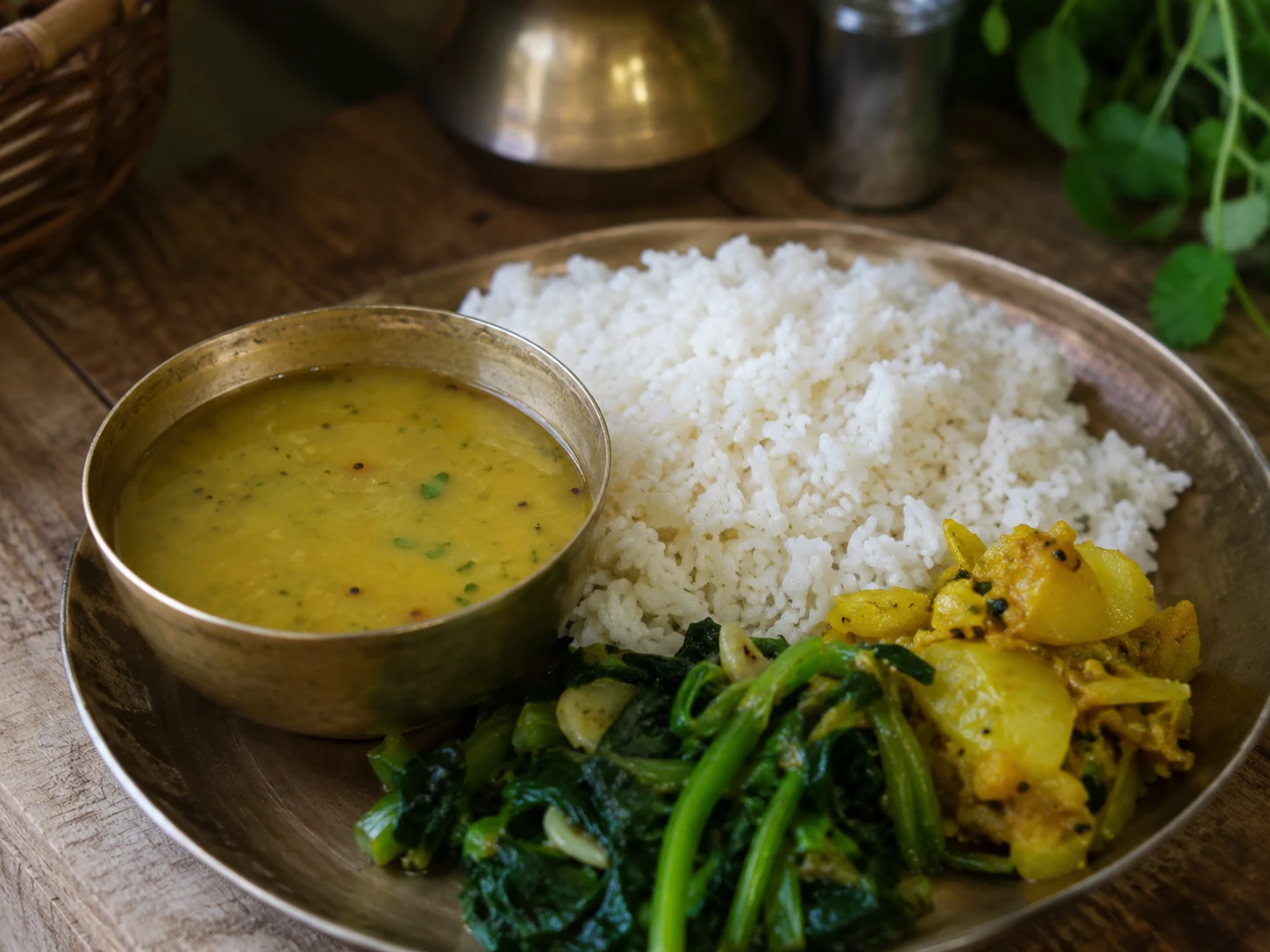 Dal bhat with lentil soup, rice and vegetables