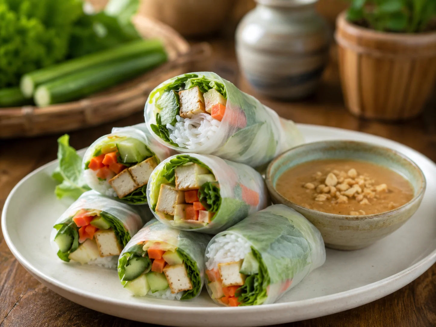 Fresh tofu spring rolls with herbs and peanut dipping sauce