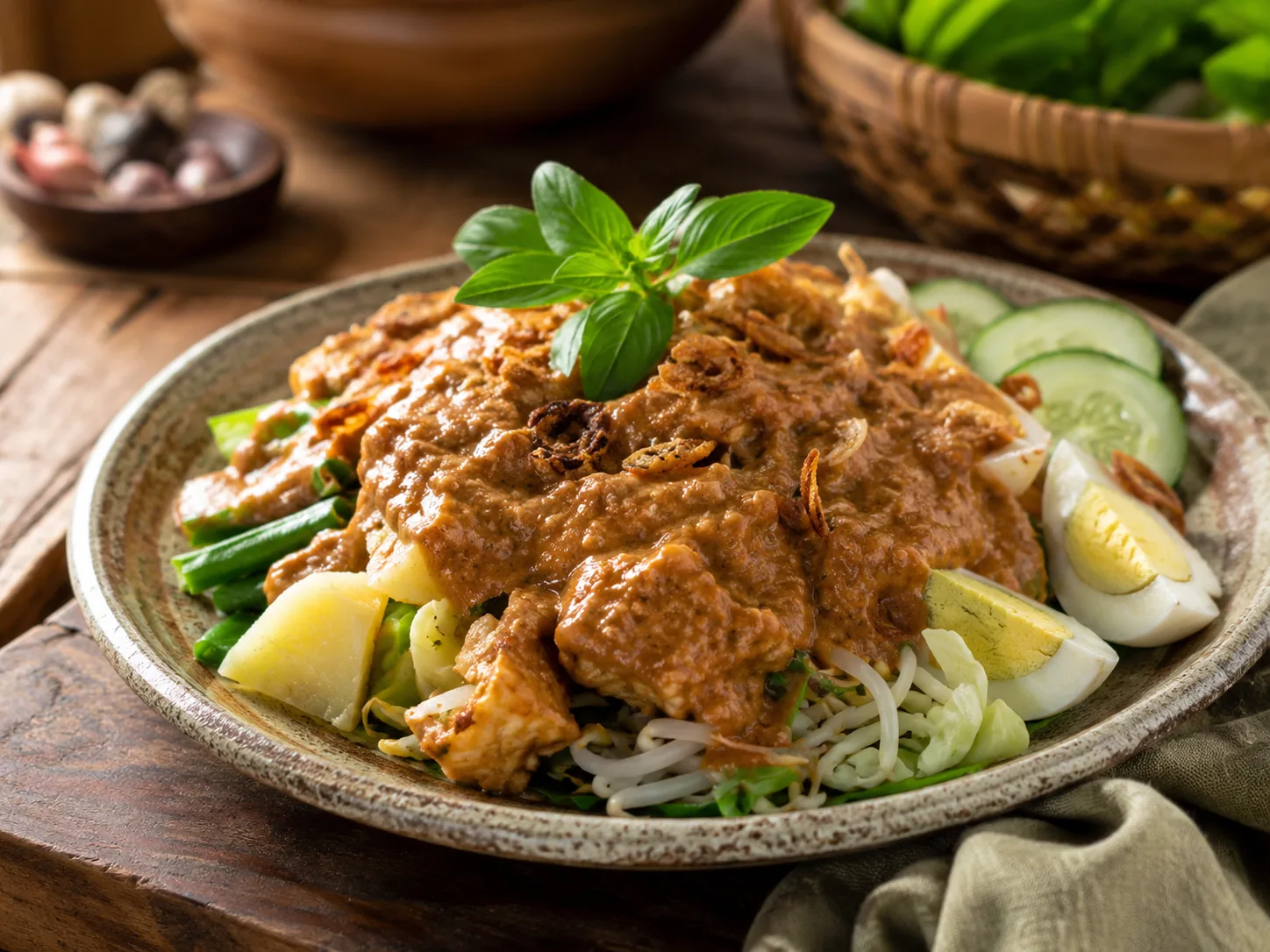 Gado-gado salad with vegetables, tofu, egg and peanut sauce