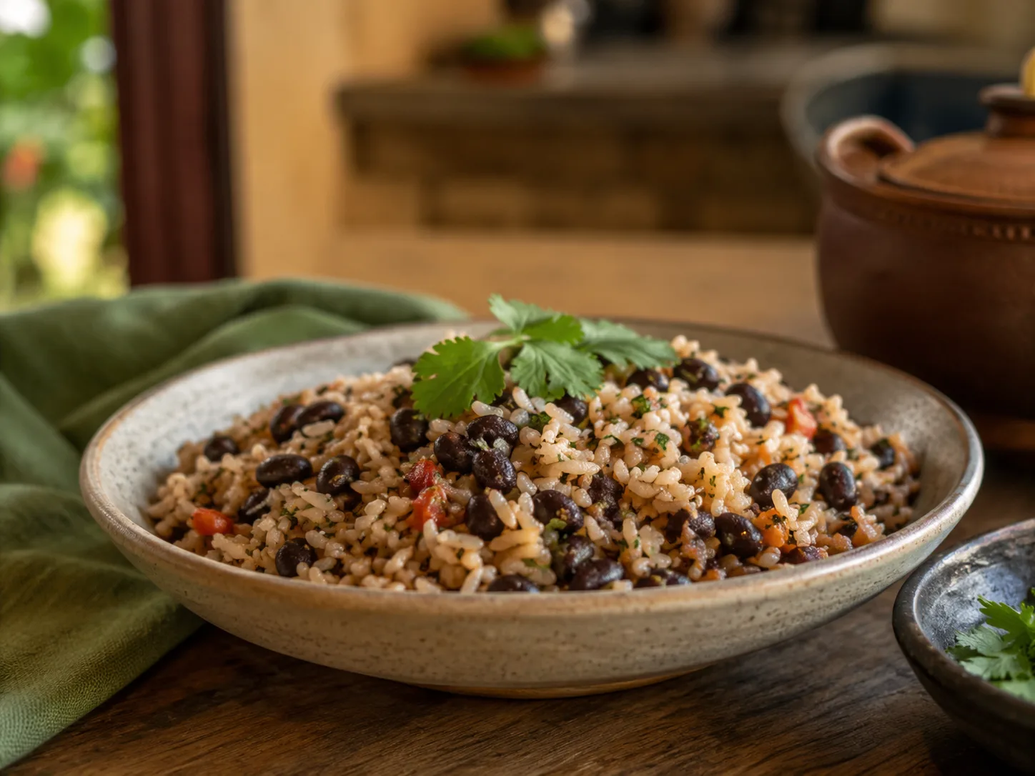 Gallo pinto con arroz, frijoles negros, cebolla y pimientos
