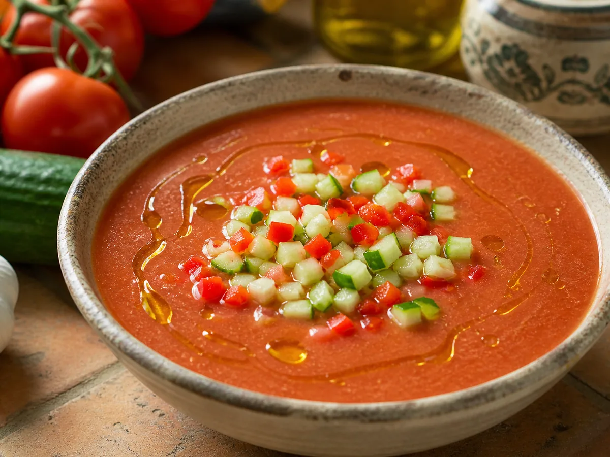Gazpacho frío en un cuenco con verduras picadas y aceite de oliva