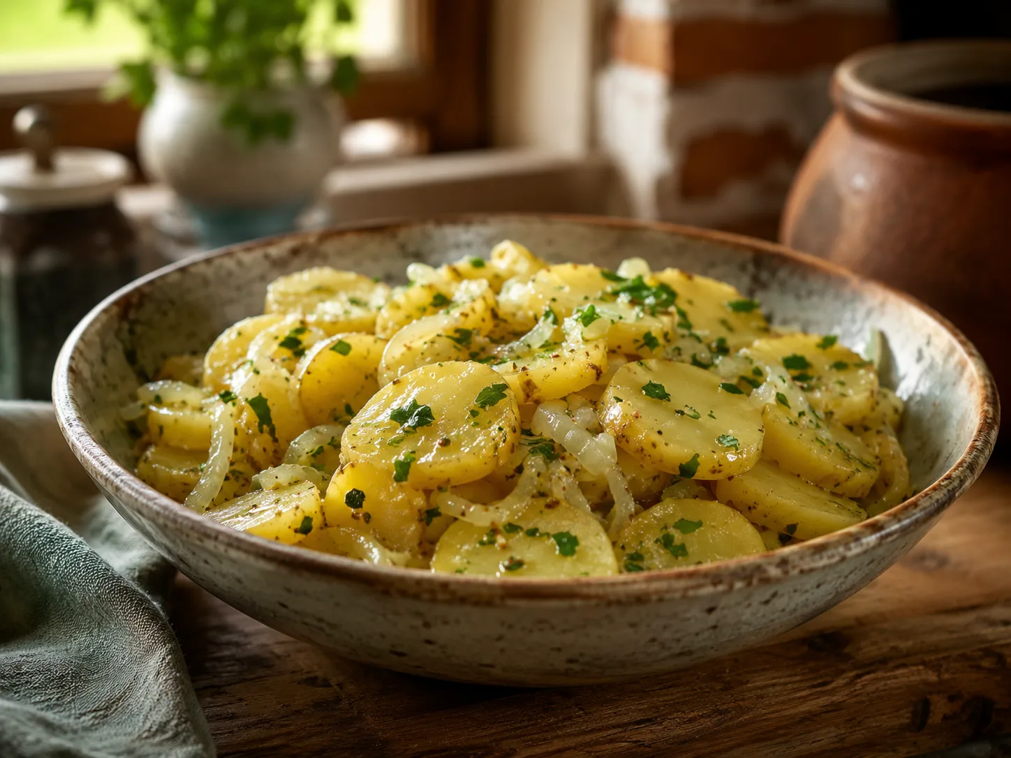 Warm German potato salad with onion, mustard dressing and herbs