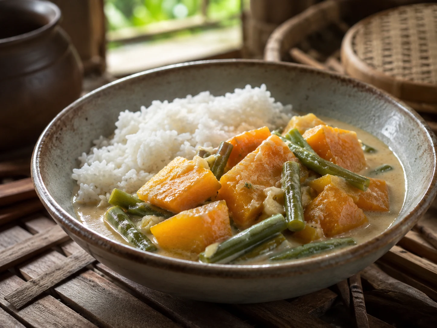 Ginataang kalabasa with squash and green beans in coconut sauce