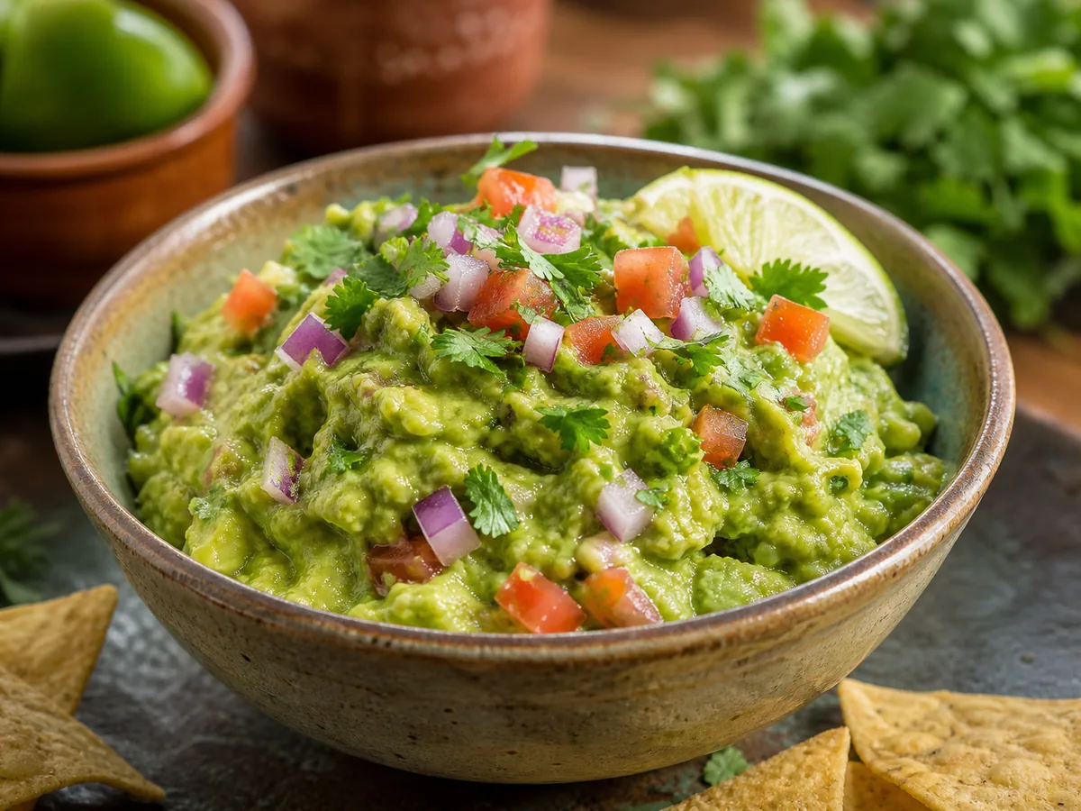 Bol de guacamole con aguacate, lima y cilantro