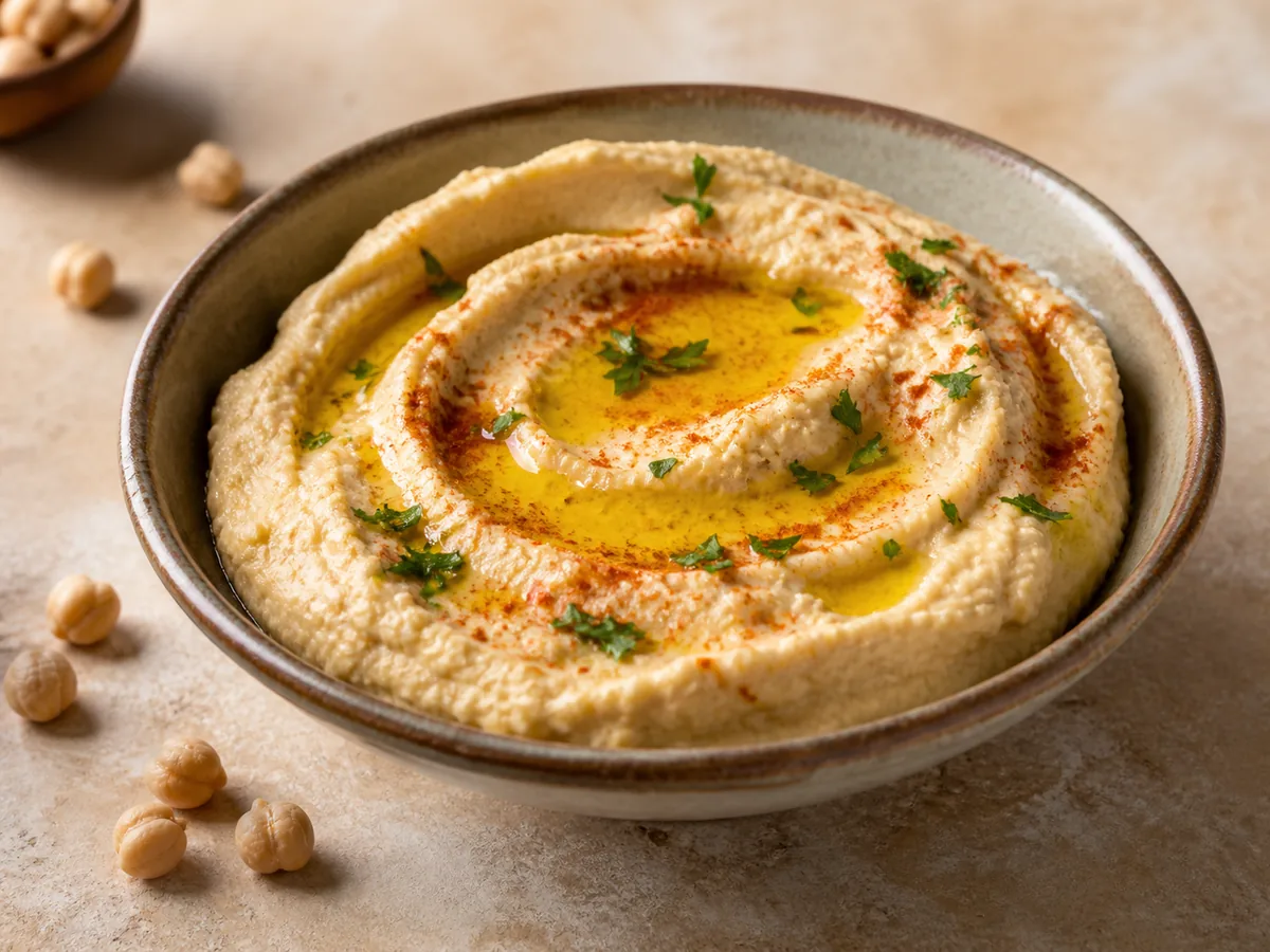 Creamy hummus in a shallow bowl with olive oil, paprika and chickpeas