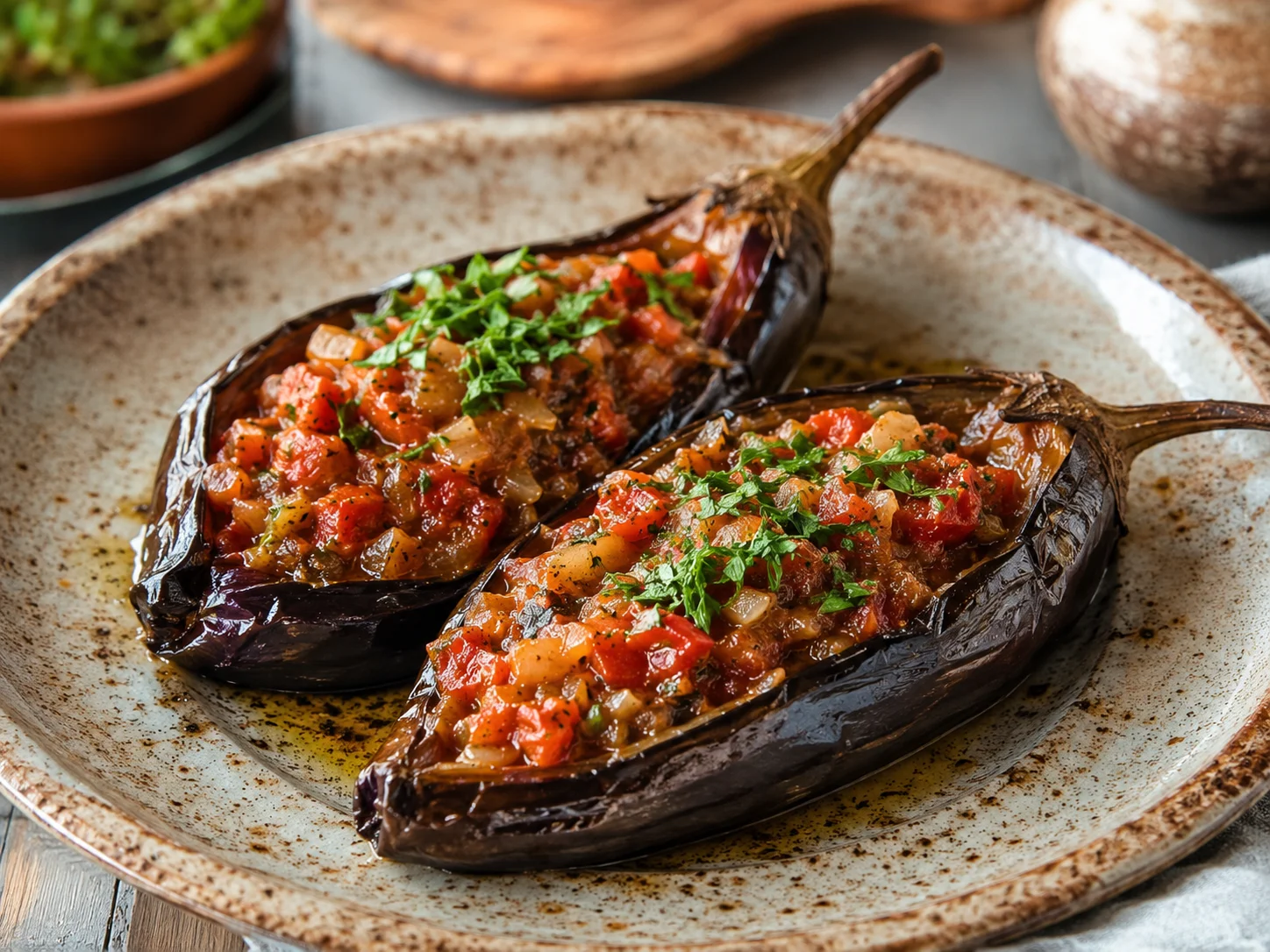 Imam bayildi de berenjena rellena con tomate y perejil