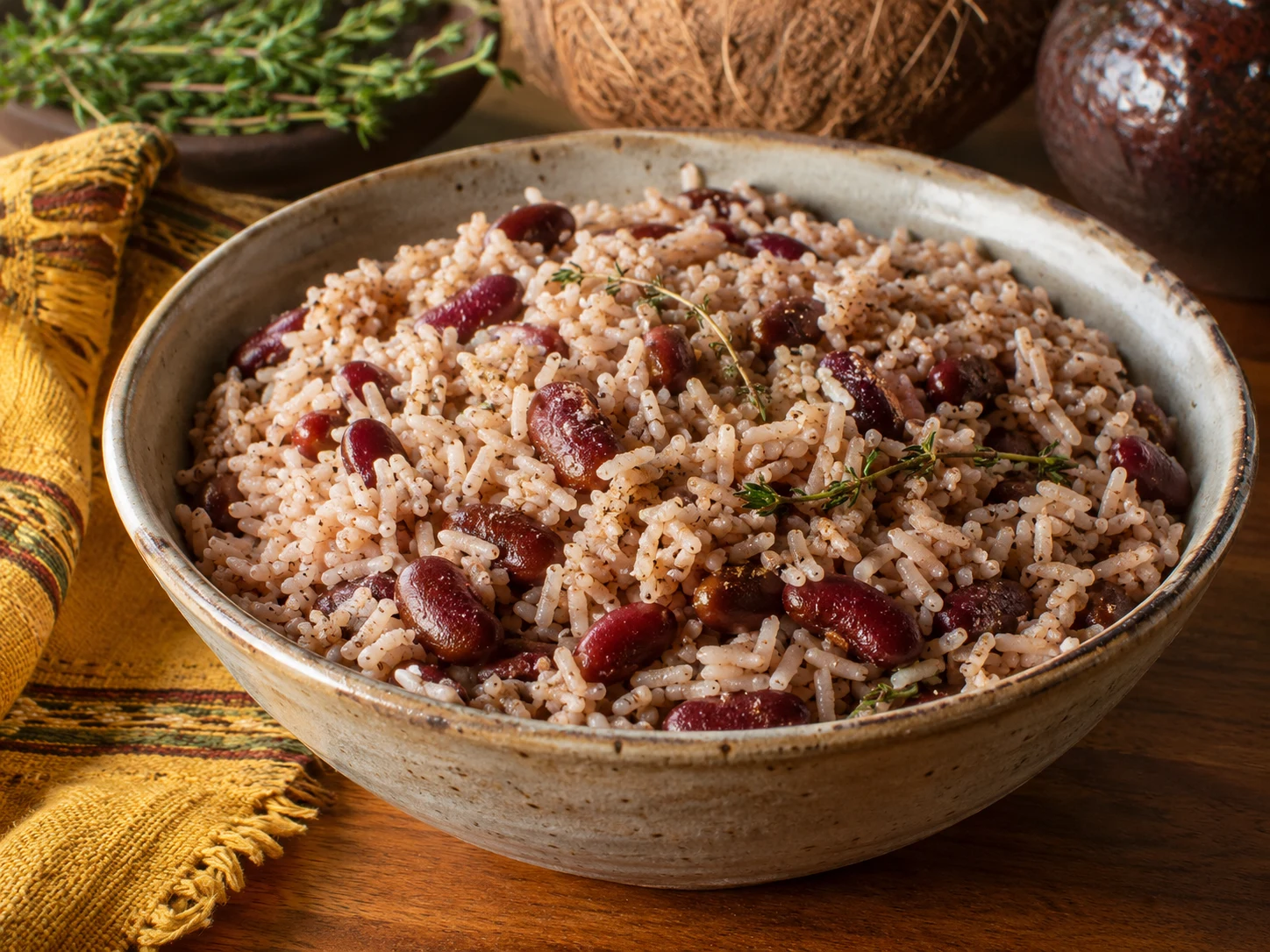 Jamaican rice and peas with coconut milk and thyme