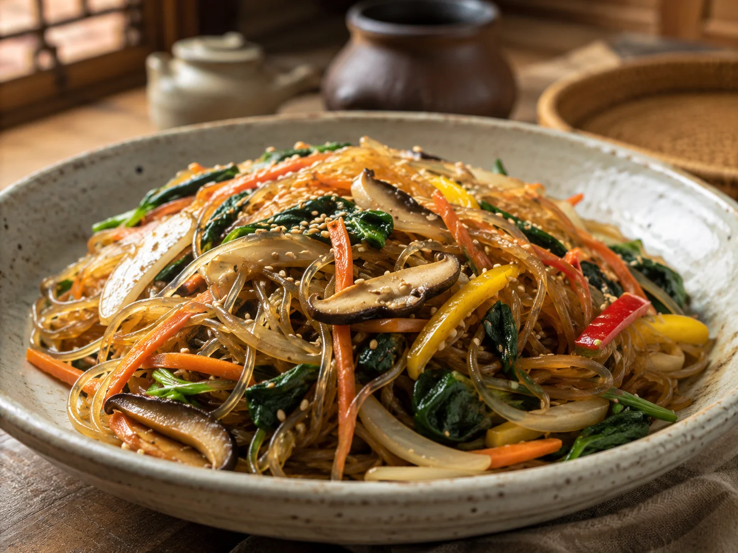 Korean japchae with glass noodles, vegetables and sesame
