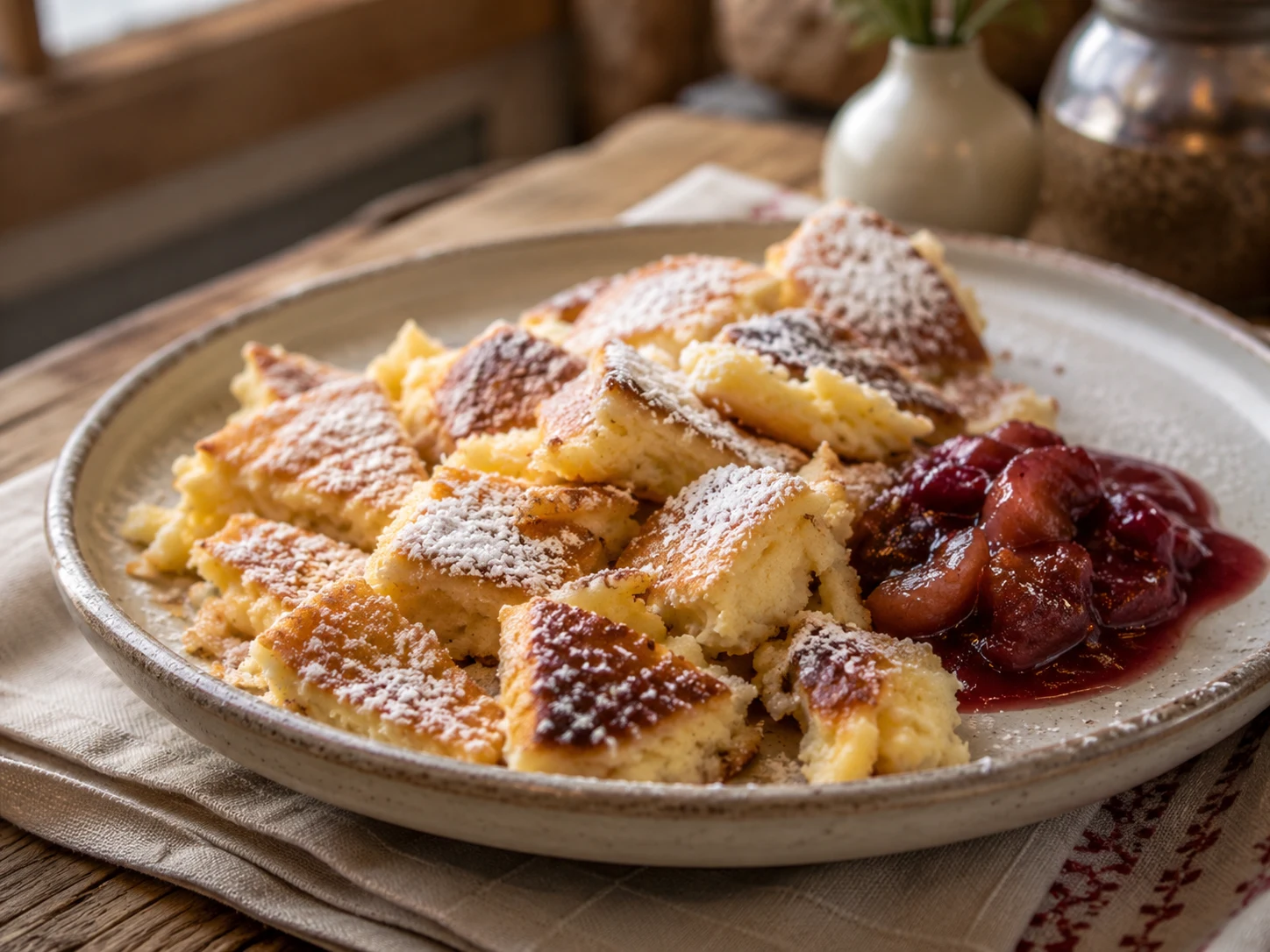 Kaiserschmarrn torn pancake pieces with powdered sugar and fruit compote