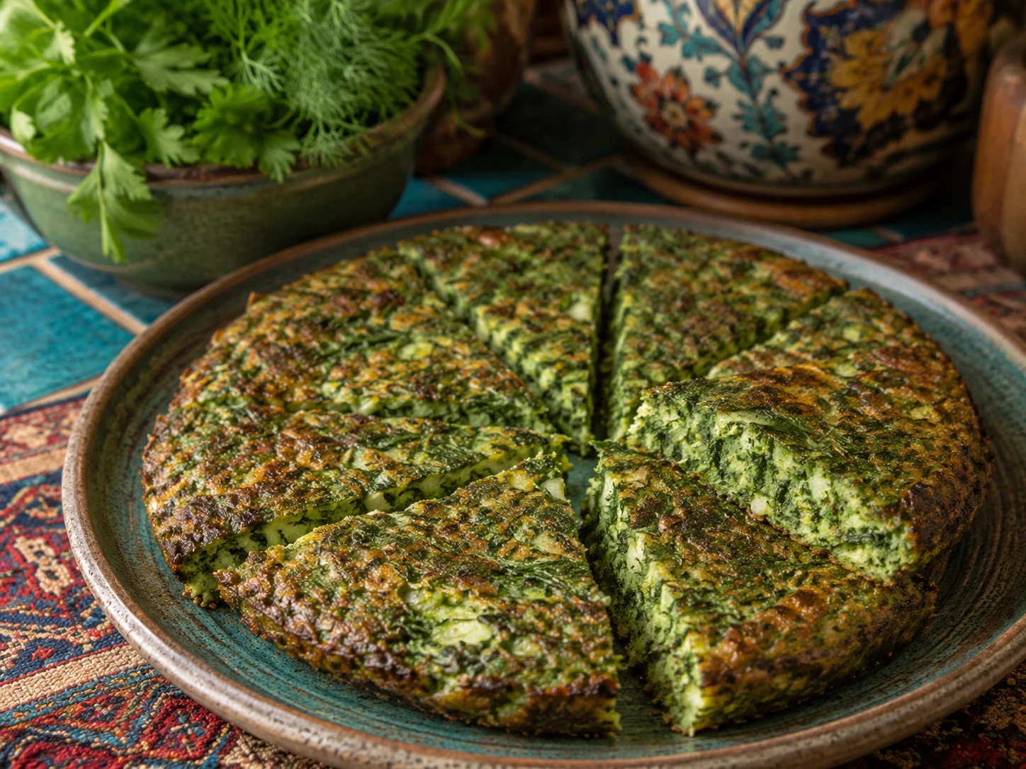 Kuku sabzi herb frittata sliced in a pan