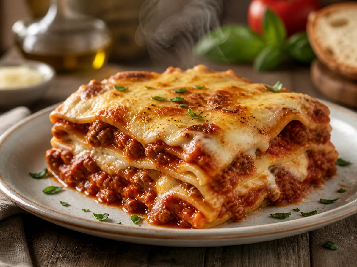 Baked lasagna slice with layered pasta, sauce and creamy topping