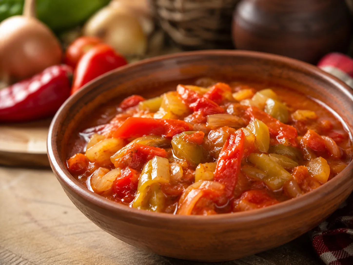 Lecso with peppers, tomatoes, onion and paprika in a bowl