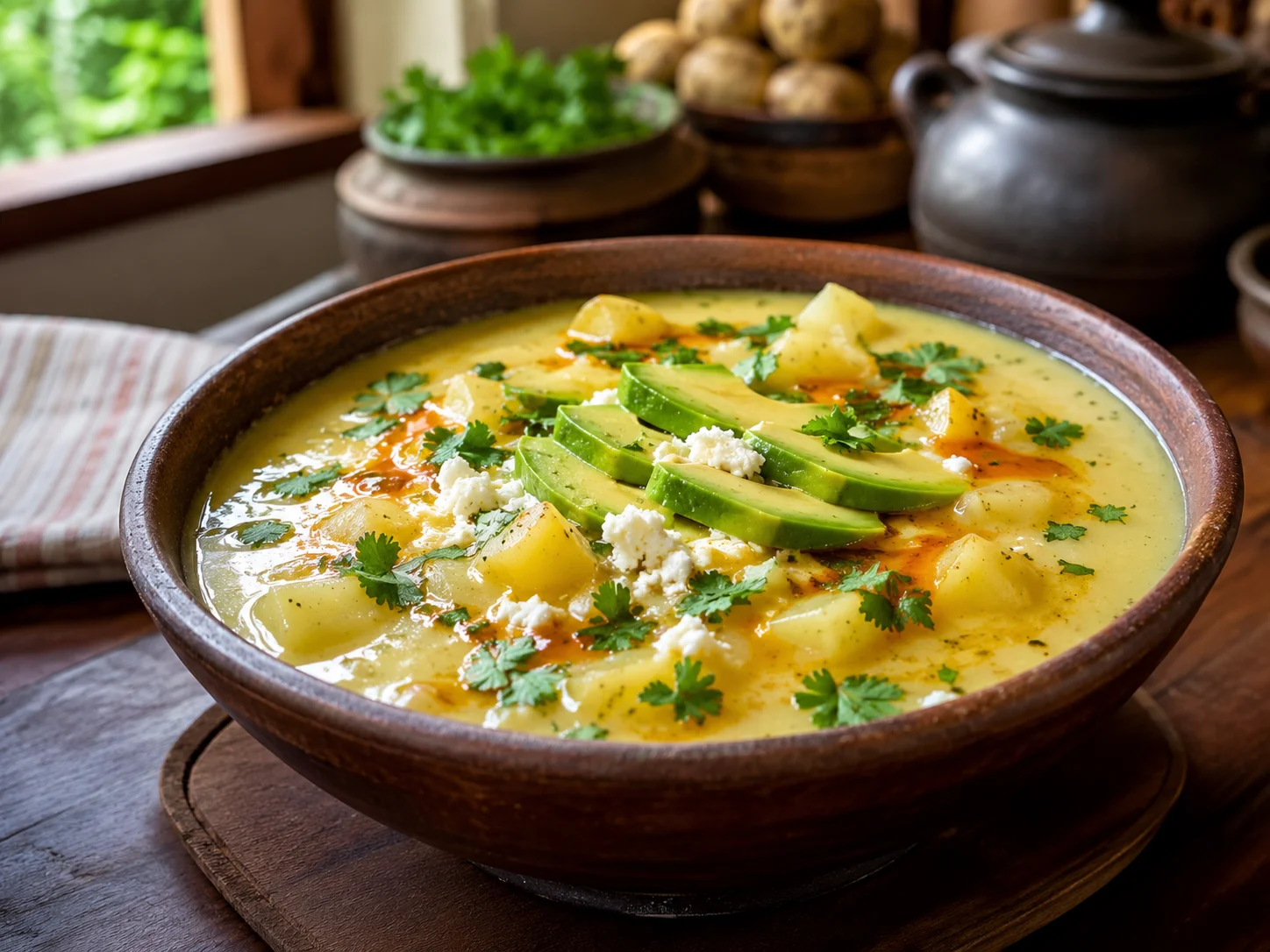 Locro de papa ecuatoriano con queso, aguacate y cilantro