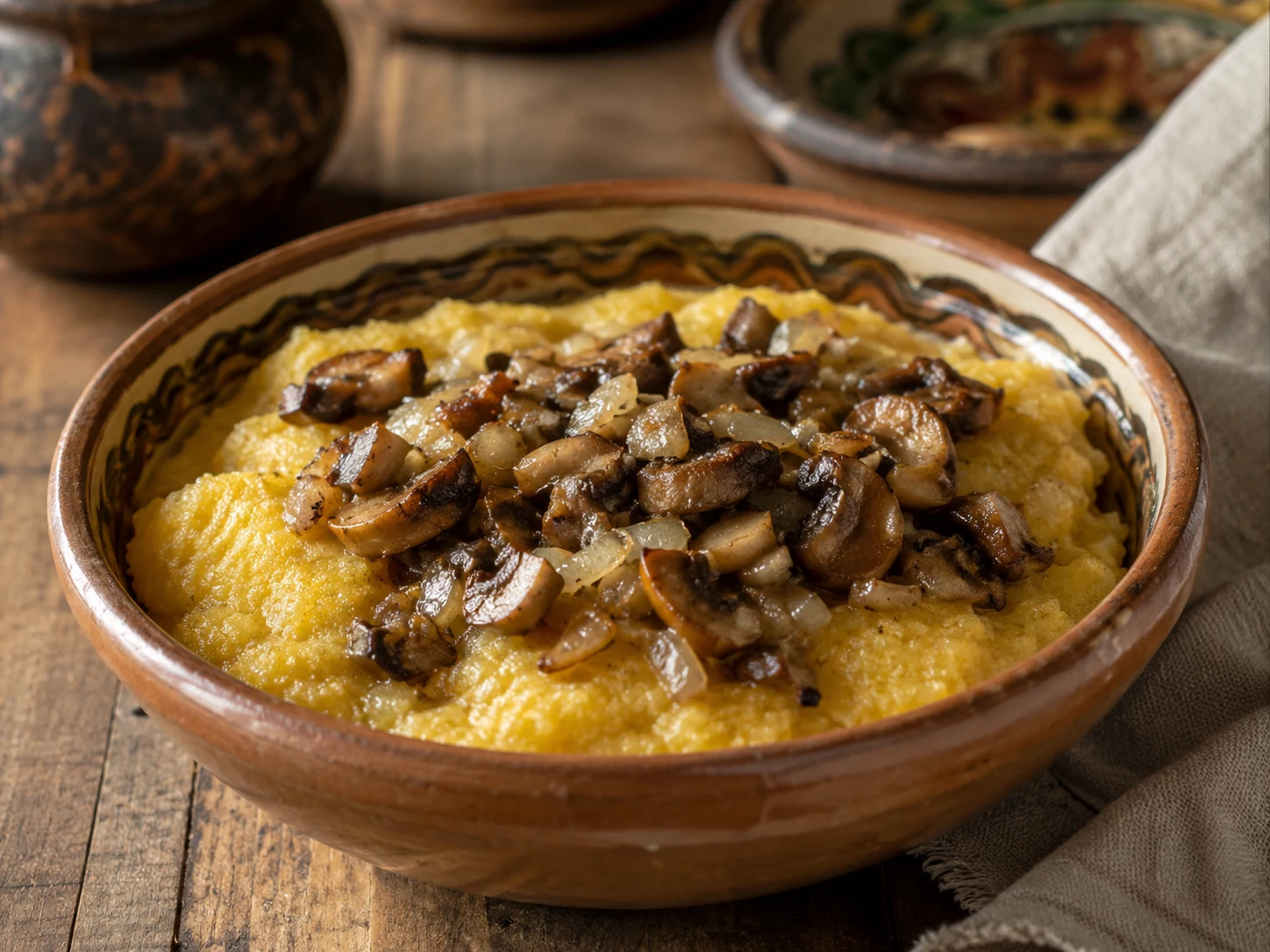Mămăligă with sauteed mushrooms and onion