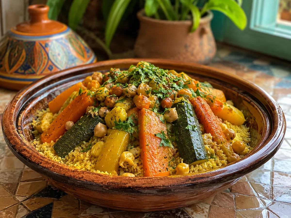 Moroccan-style couscous with vegetables, chickpeas and herbs in a serving bowl