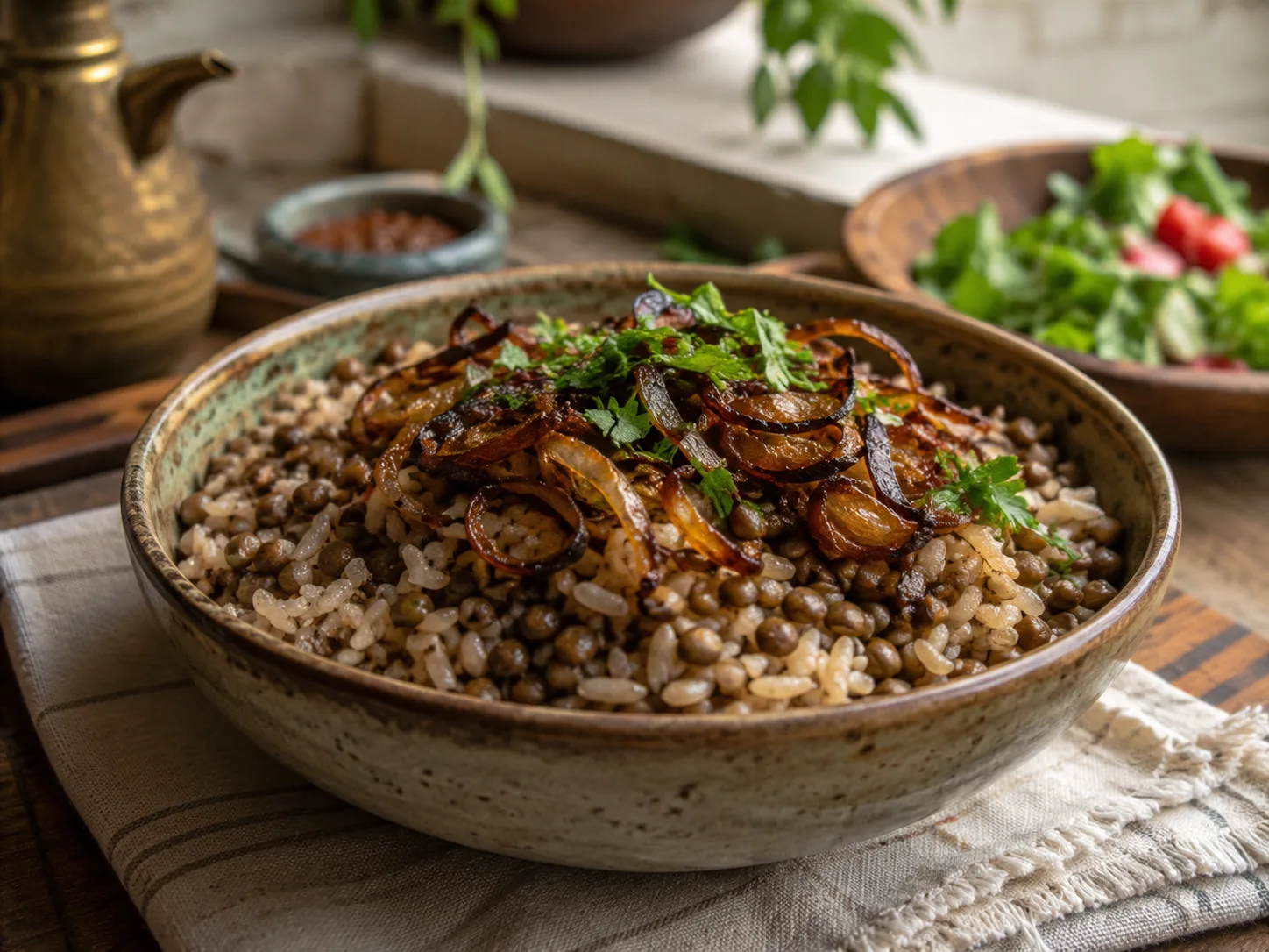 Mujadara con arroz, lentejas y cebolla muy dorada