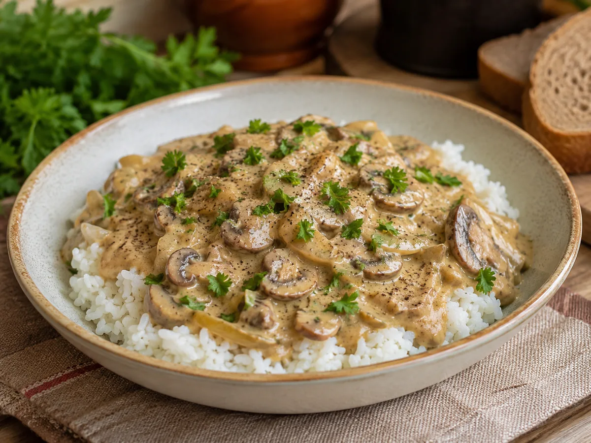 Creamy mushroom stroganoff served with rice in a shallow bowl
