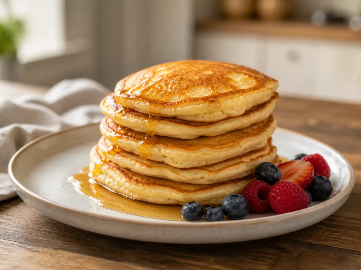 Montón de tortitas pequeñas doradas en un plato de desayuno