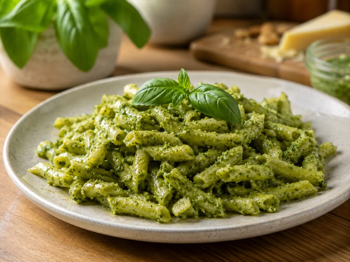Pasta al pesto in a bowl with basil sauce and grated cheese