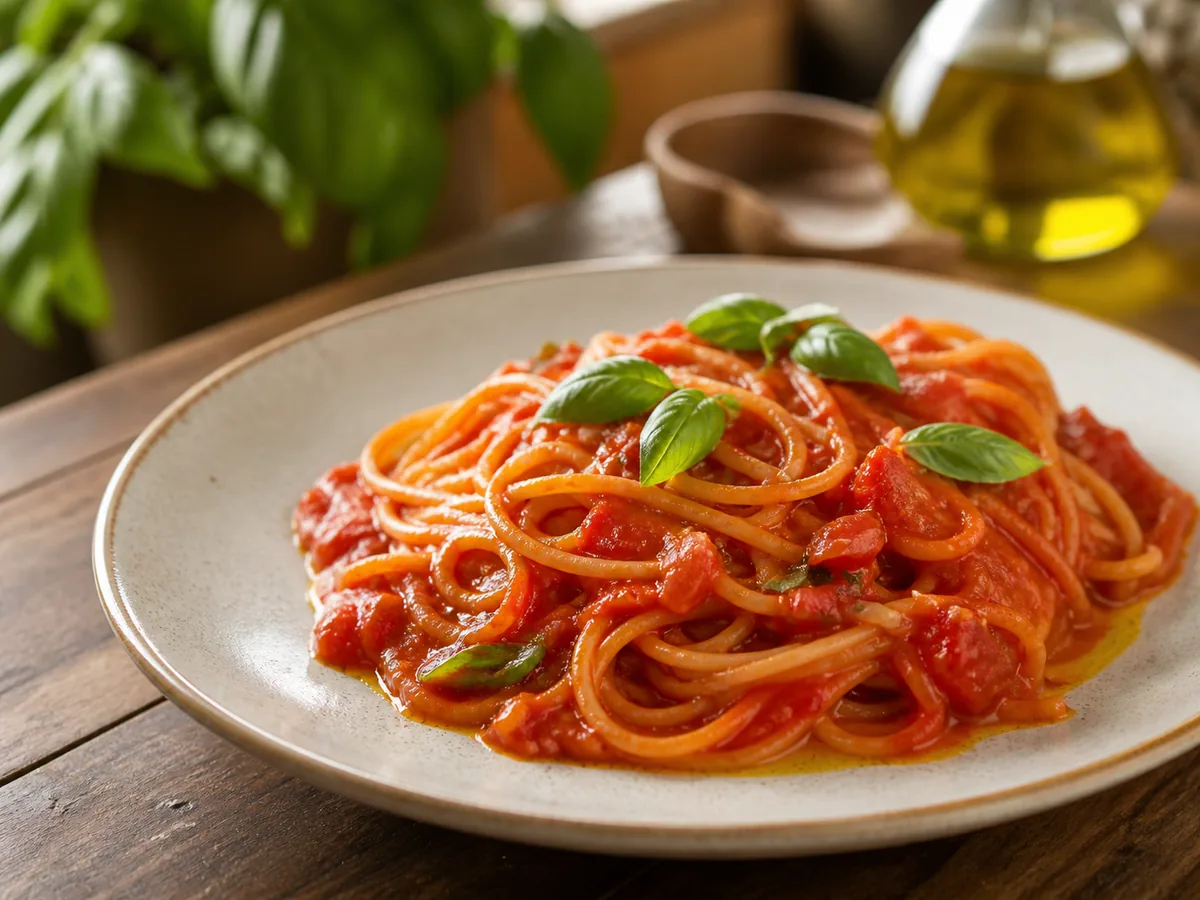 Bowl of pasta al pomodoro with tomato sauce and basil