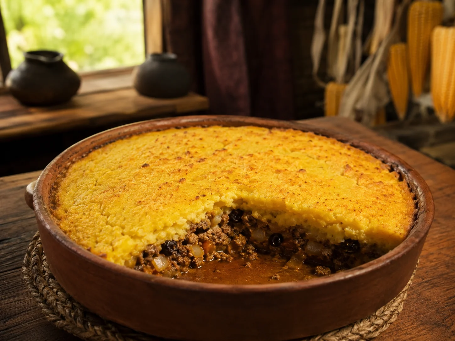 Chilean pastel de choclo with golden corn topping