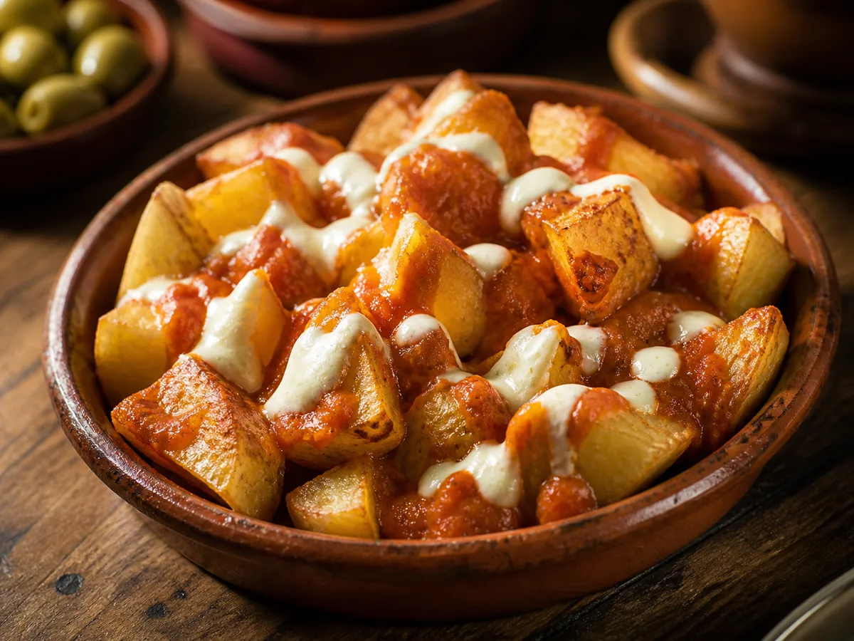 Patatas bravas con salsa roja y cobertura cremosa en un plato