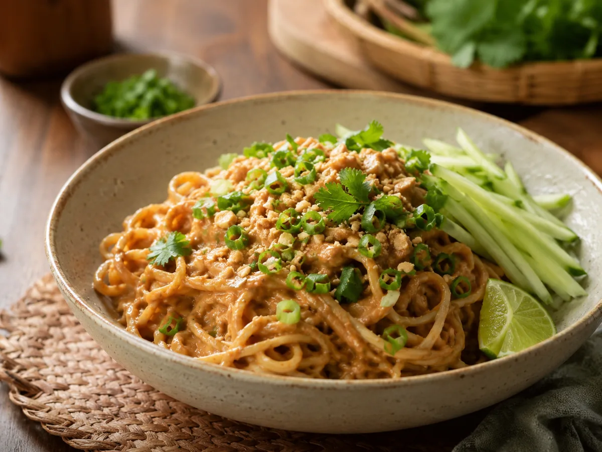 Bowl of noodles coated in peanut sauce with lime and scallions