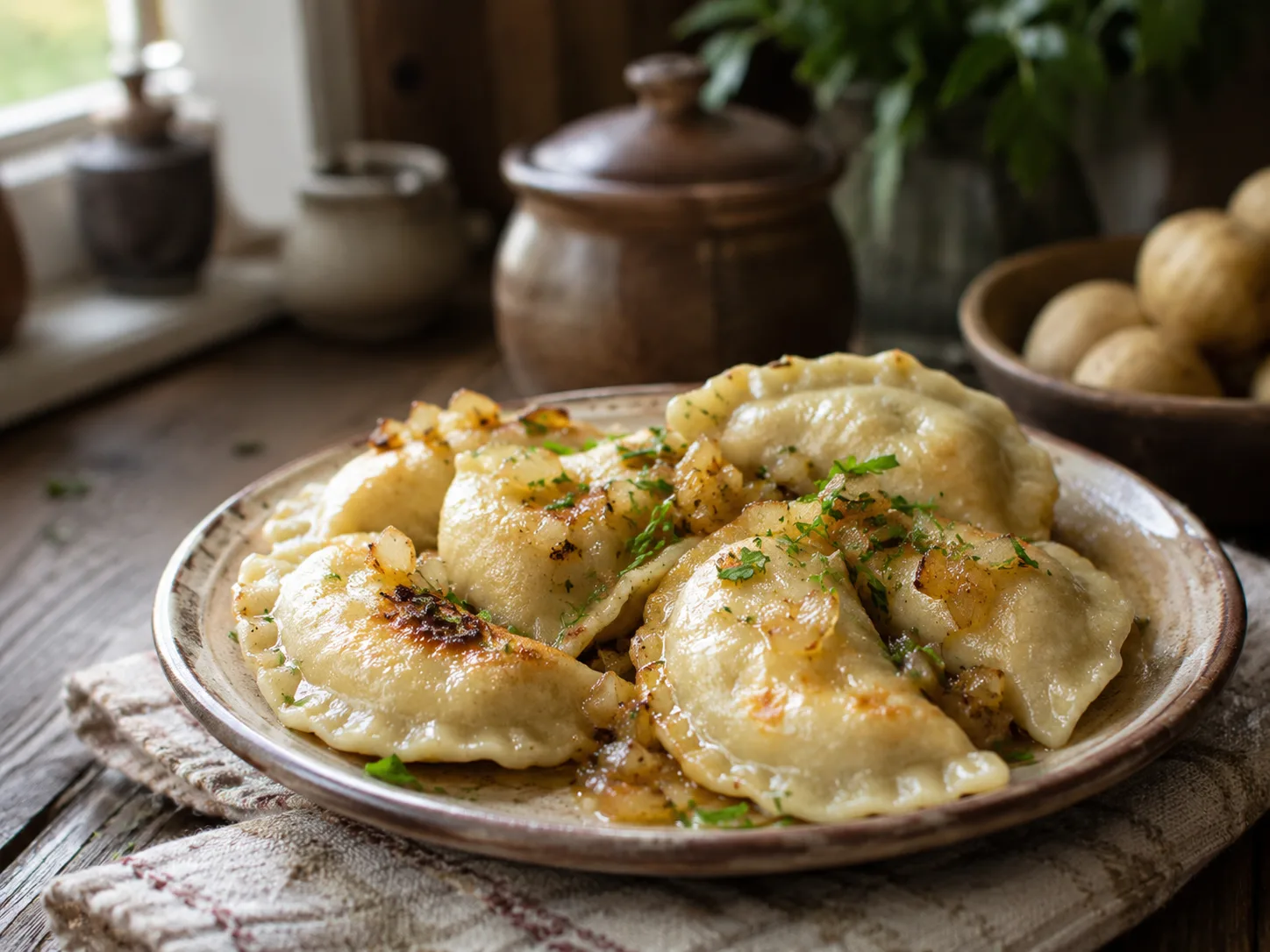 Pierogi ruskie dumplings with potato and cheese filling and browned onion