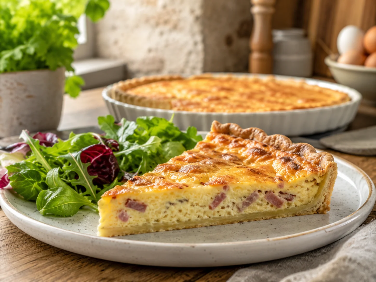 Slice of quiche Lorraine with golden pastry and creamy filling