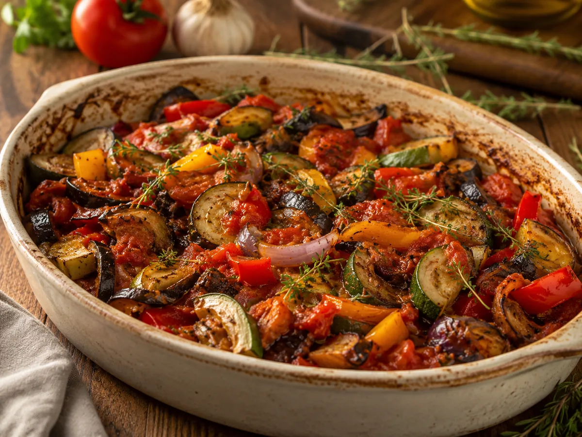 Roasted ratatouille with tomato, aubergine, zucchini and peppers in an oven dish
