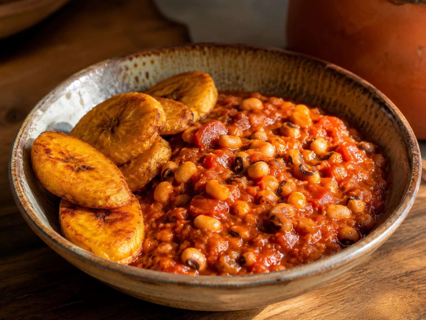 Red red stew with black-eyed peas and fried plantain