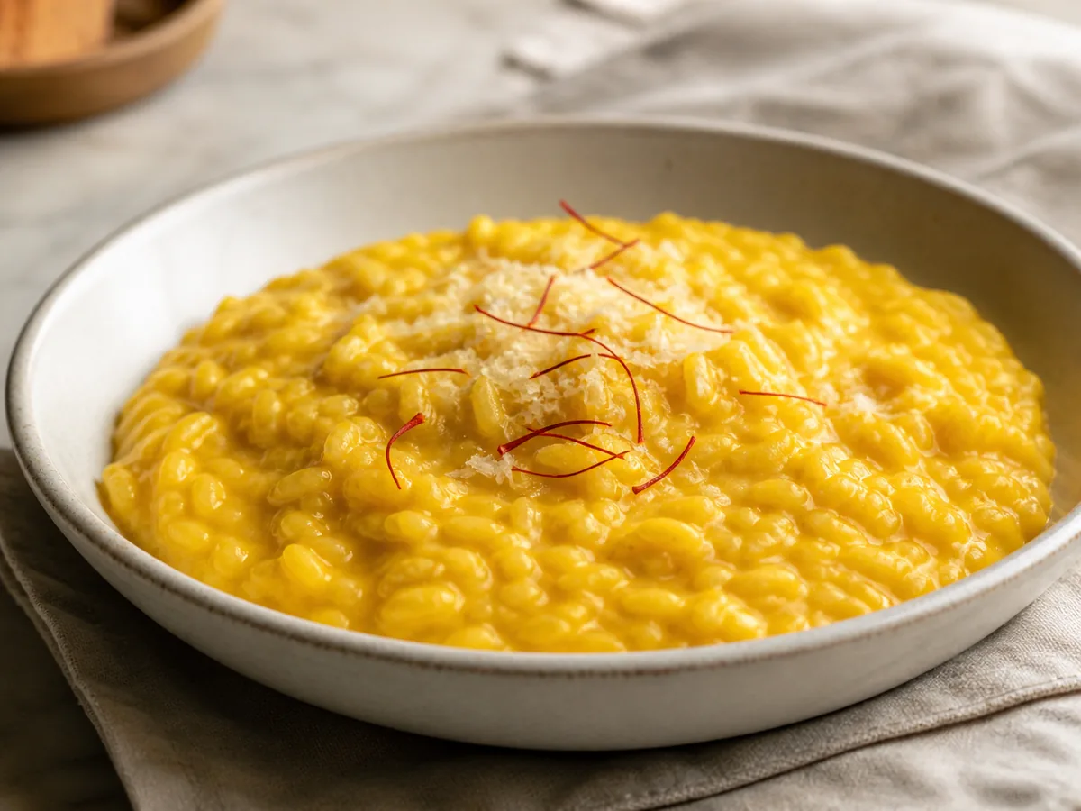 Risotto dorado de azafrán servido en un plato hondo