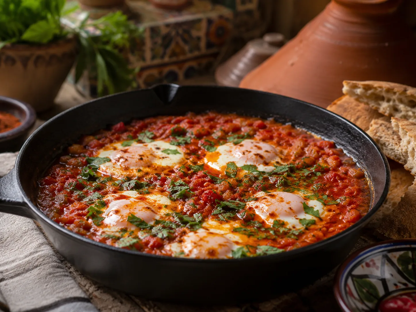 Shakshuka with eggs in spiced tomato and pepper sauce