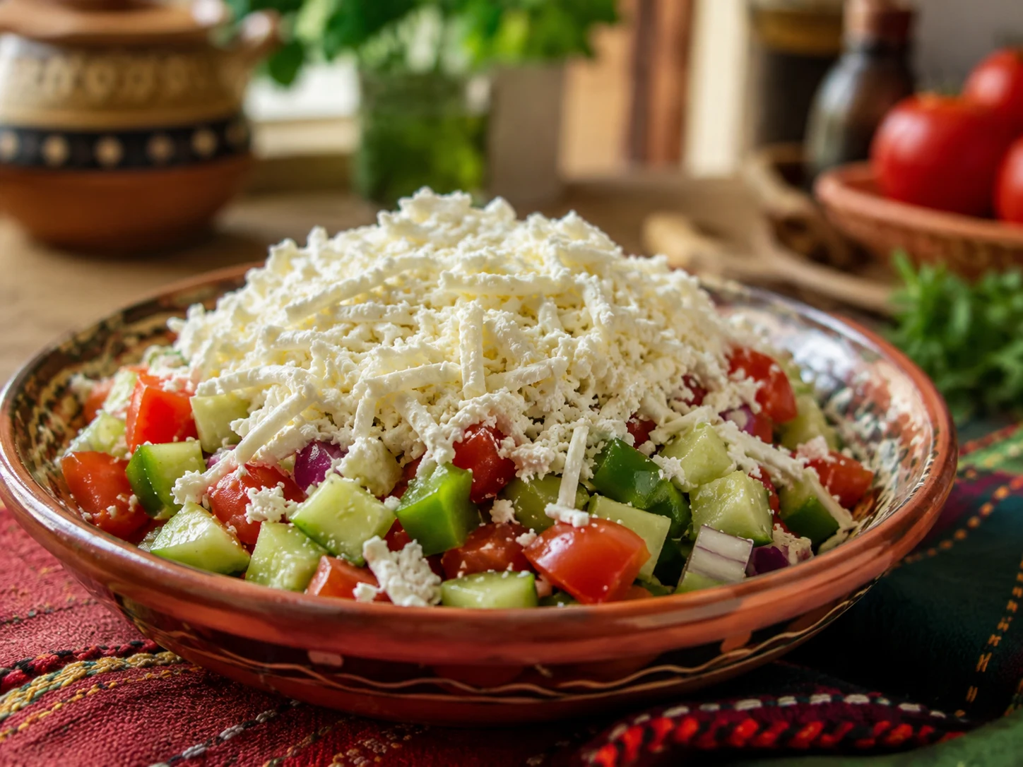 Shopska salad with tomato, cucumber, pepper and grated white cheese
