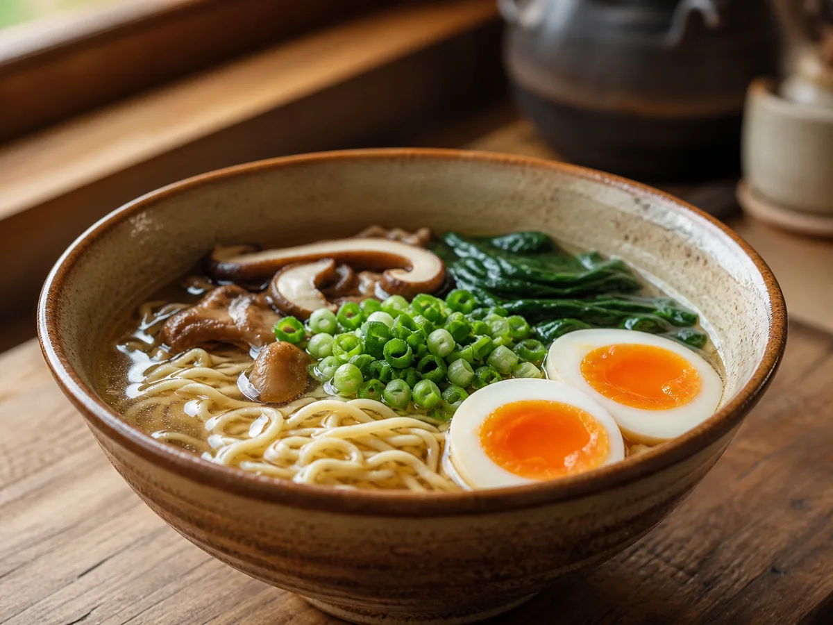 Bol de ramen con fideos, caldo, champiñones, verduras y huevo