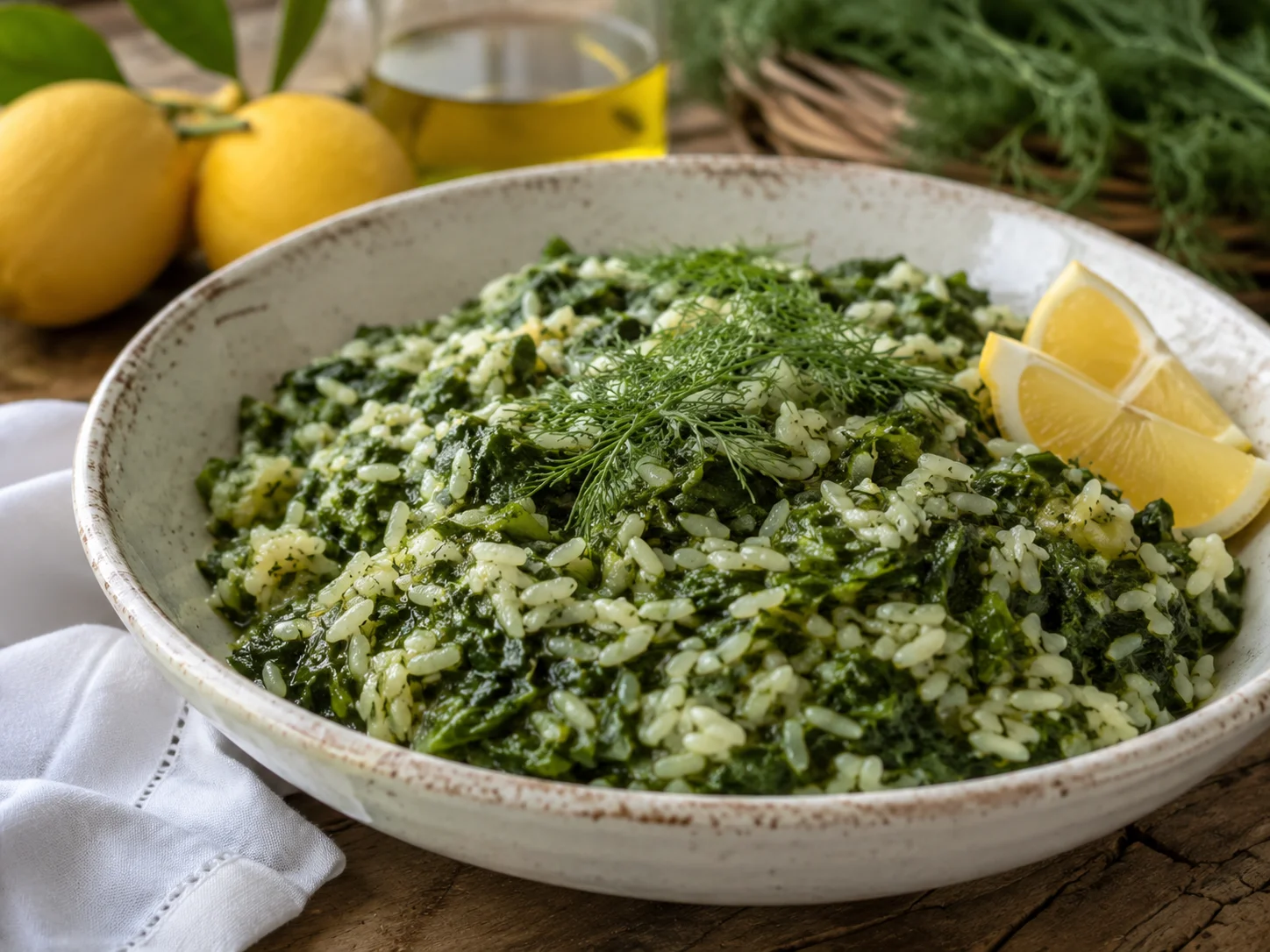 Spanakorizo griego con arroz, espinacas, limón y eneldo