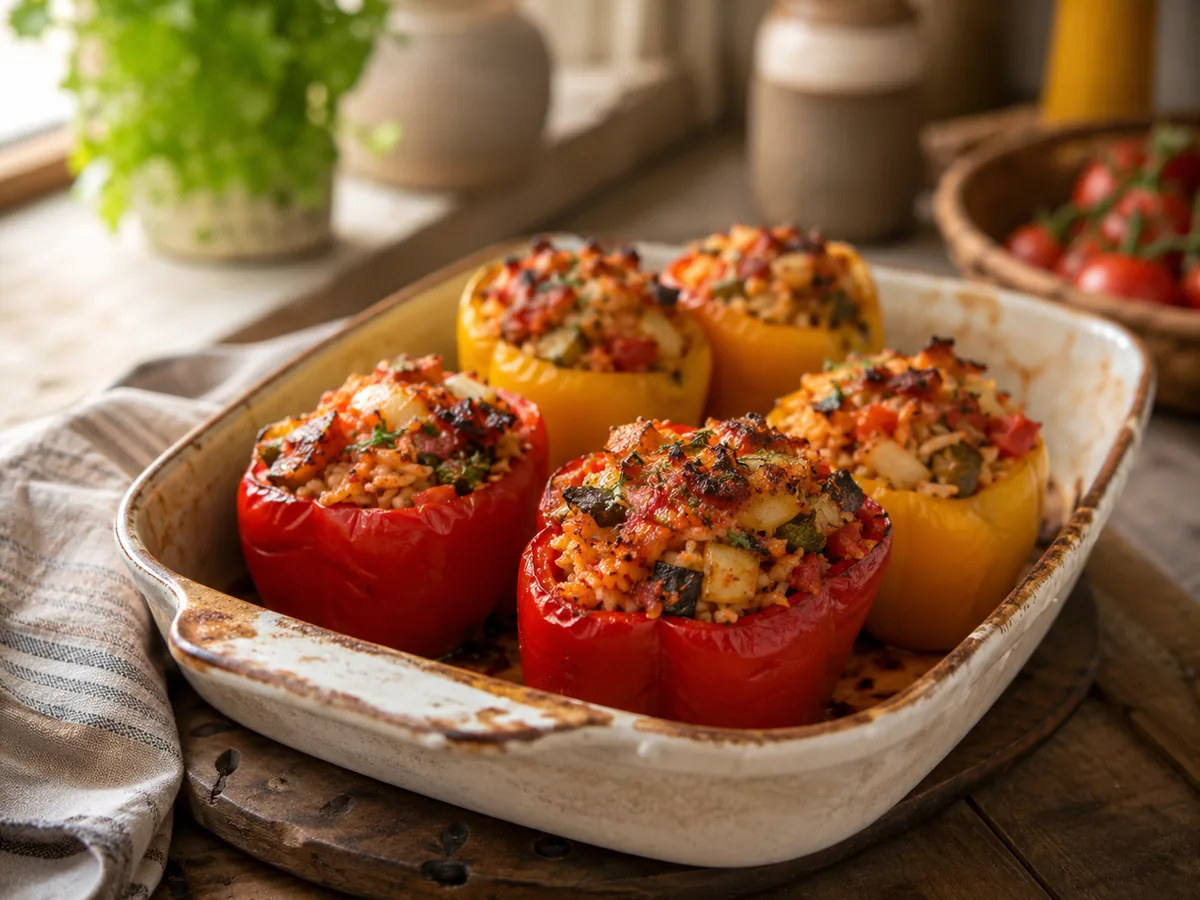 Baked stuffed peppers filled with rice and vegetables in an oven dish