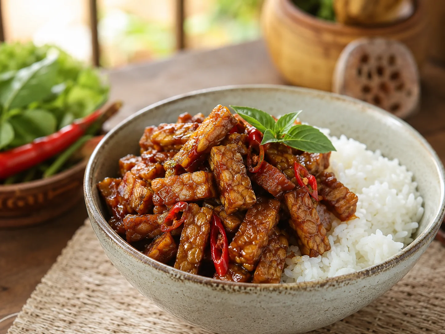 Tempeh orek con glaseado de soja, chile y arroz